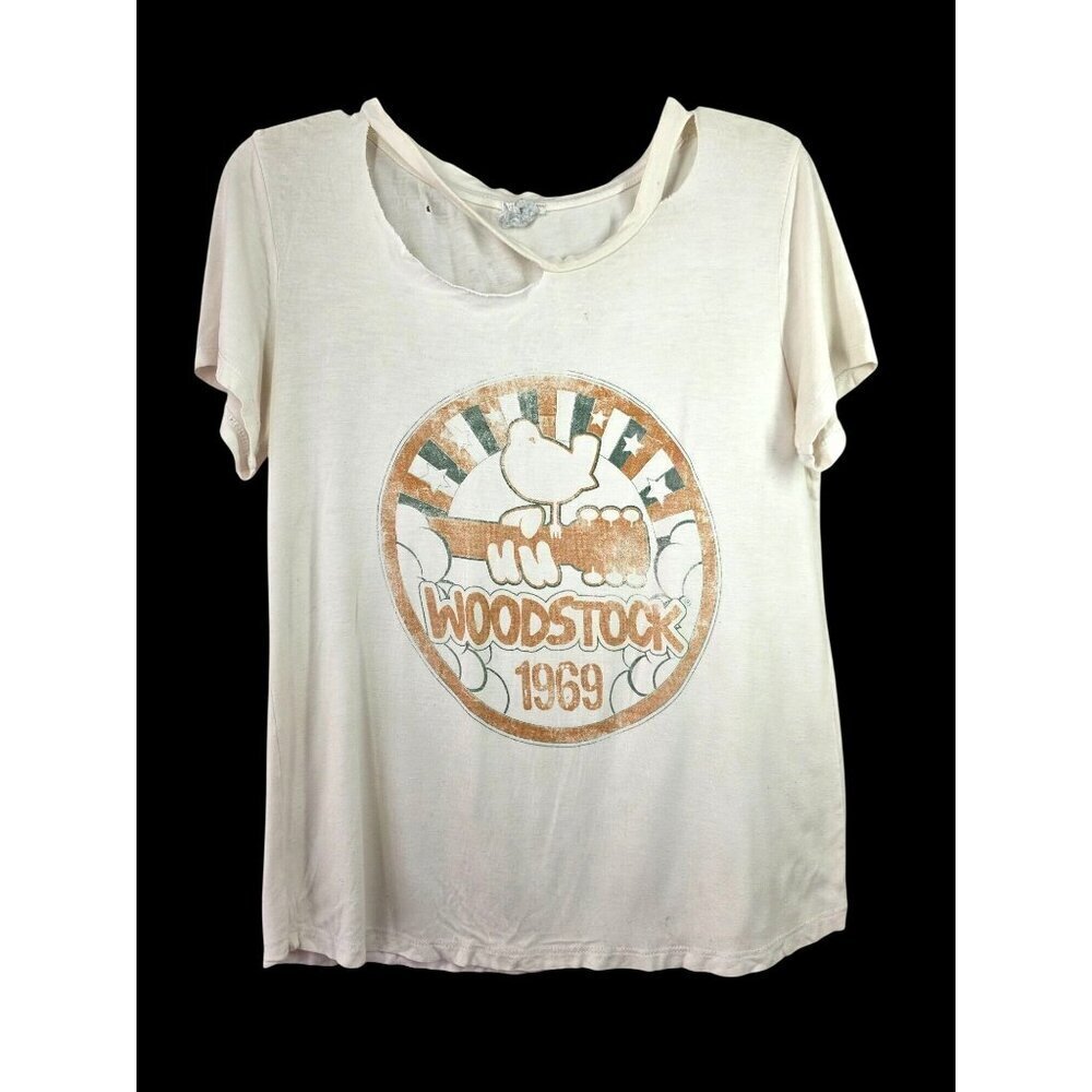 Woodstock 1969 Replicated Ripped Graphic T-Shirt Unisex Sz S Crew Neck Short Slv